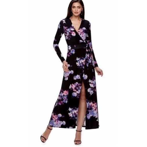 Jennifer Lopez Dresses & Skirts - Jennifer Lopes Black Floral Long Sleeve Faux Wrap Maxi Dress M Leg Split Wedding